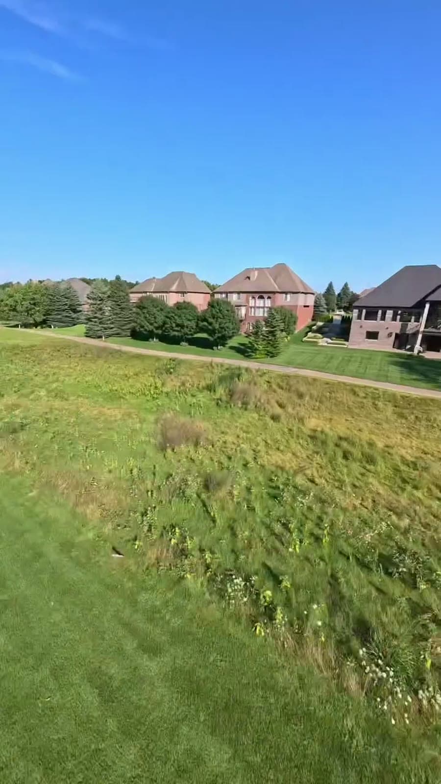 Aerial view across lawns toward a row of homes